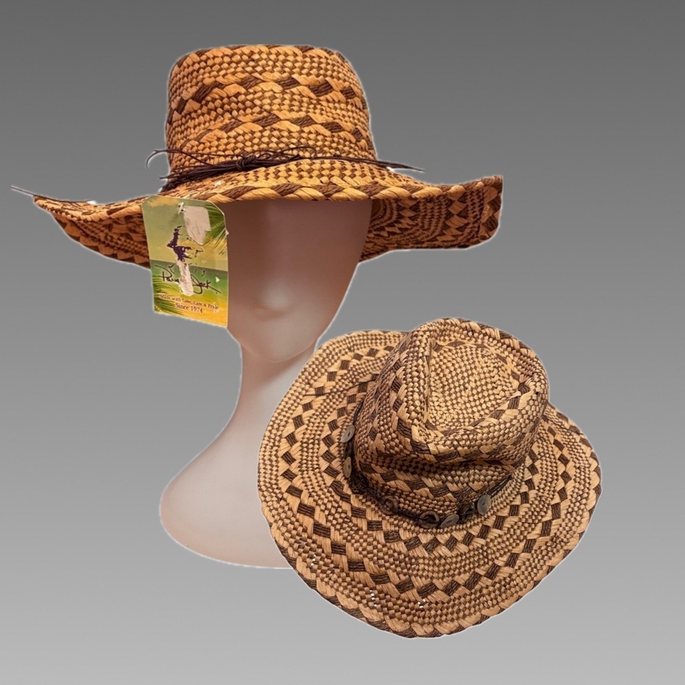 Panama Jack Toyo Straw Sun Hat Brown Two-Tone Woven Wide Brim Shell Buttons Trim